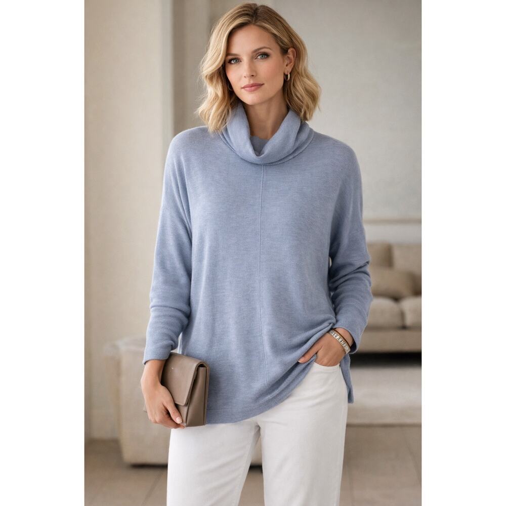 Eileen Fisher 100% Merino Wool Long Sleeve Turtleneck Pullover Sweater Blue Med